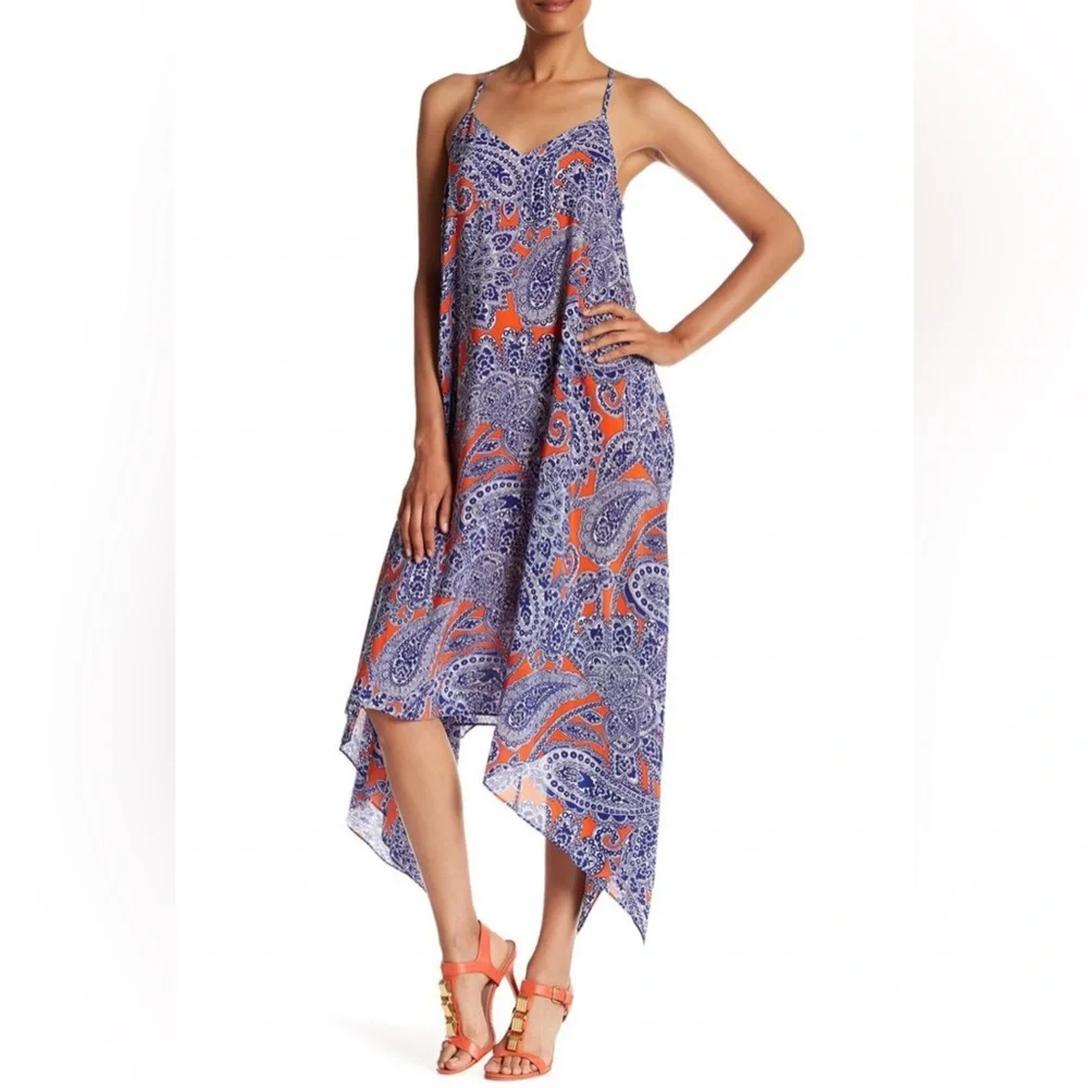 Trina Turk Alverta Silk Paisley Midi Dress Cobalt Blue and Orange Size 4